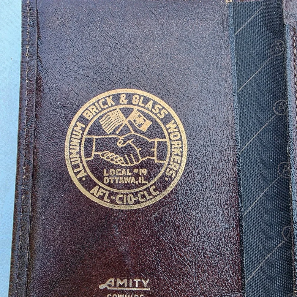Amity Trifold Wallet Brown Cowhide Aluminum Brick & Glass Workers Union Logo
